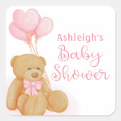 赤ちゃんシャワーかわいいテディベアピンクのハートバルーン スクエアシール (正面)