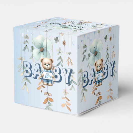 赤ちゃんシャワーかわいいテディベアブルーフローラ美人 フェイバーボックス (裏面サイド)