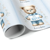 赤ちゃんシャワーかわいいテディベアブルーフローラ美人 ラッピングペーパー (ロールコーナー)