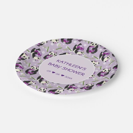 赤ちゃんシャワーかわいいパンダ淡い色の薄紫パターン ペーパープレート (アングル)