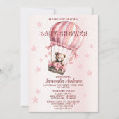 赤ちゃんシャワーかわいいピンクのテディベア熱い空気気球 招待状 (正面)