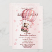 赤ちゃんシャワーかわいいピンクのテディベア熱い空気気球 招待状 (正面/裏面)