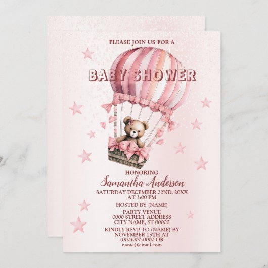 赤ちゃんシャワーかわいいピンクのテディベア熱い空気気球 招待状 (正面/裏面)