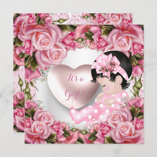 赤ちゃんシャワーかわいいベビーガールピンクローゼベビーガール2 招待状 (正面/裏面)