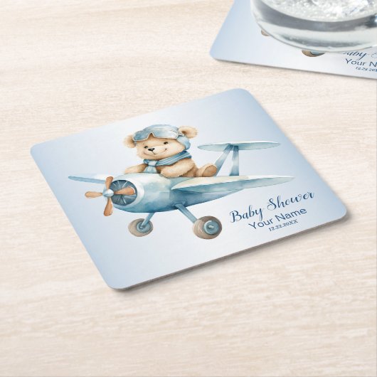 赤ちゃんシャワーかわいいベビーベアパイロットブルー飛行機 スクエアペーパーコースター (アングル)