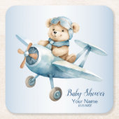 赤ちゃんシャワーかわいいベビーベアパイロットブルー飛行機 スクエアペーパーコースター (正面)