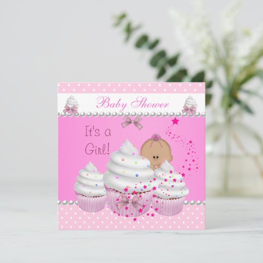 赤ちゃんシャワーかわいい女の子ピンクのカップケーキを振りかける 招待状 (スタンド正面)