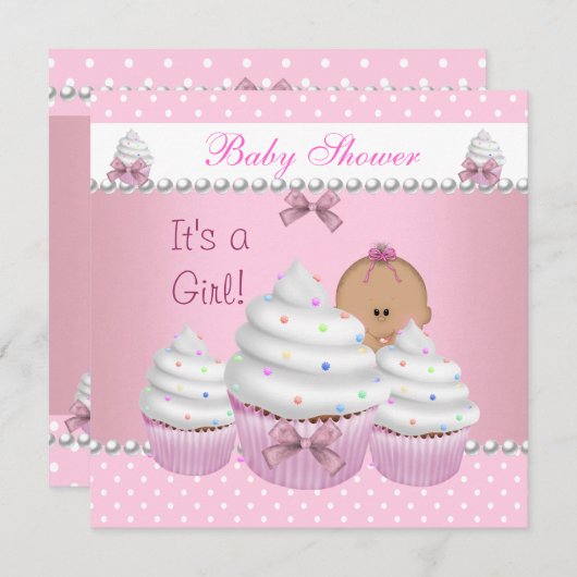 赤ちゃんシャワーかわいい女の子ピンクのカップケーキを振りかける 招待状 (正面/裏面)