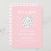 赤ちゃんシャワーかわいい女の子フローラハートピンクスケッチ 招待状 (正面/裏面)
