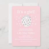 赤ちゃんシャワーかわいい女の子フローラハートピンクスケッチ 招待状 (正面)