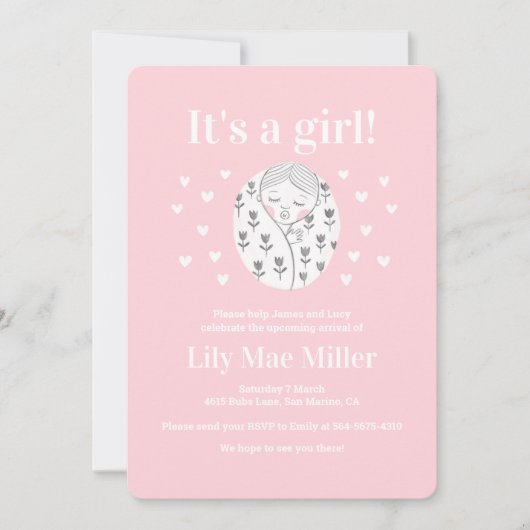 赤ちゃんシャワーかわいい女の子フローラハートピンクスケッチ 招待状 (正面)