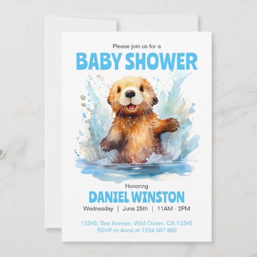 赤ちゃんシャワーかわいい海のオーターパーソナライズされた水 招待状 (正面)