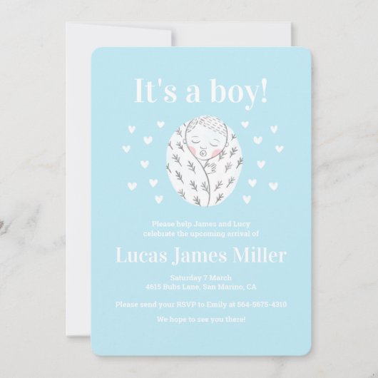赤ちゃんシャワーかわいい男の子ハートブルースケッチ招待 招待状 (正面)