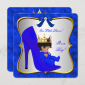 赤ちゃんシャワーかわいい男の子プリンスブルー王室のシューズ 招待状 (正面/裏面)