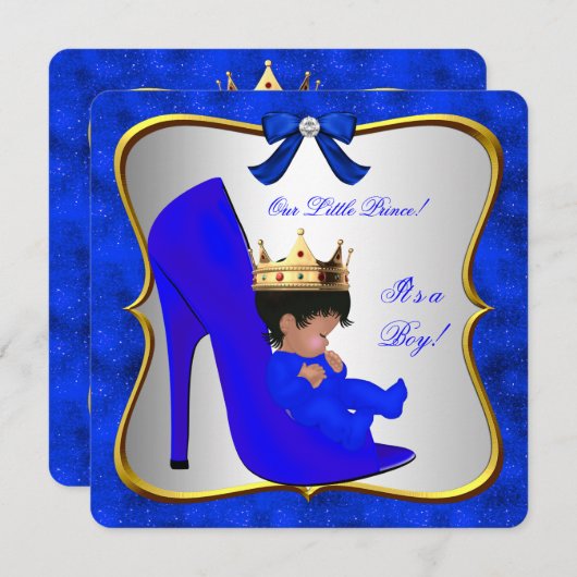 赤ちゃんシャワーかわいい男の子プリンスブルー王室のシューズ 招待状 (正面/裏面)
