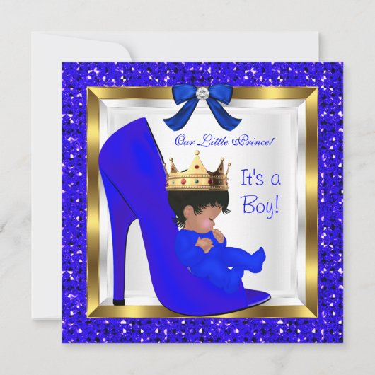 赤ちゃんシャワーかわいい男の子プリンスブルー王室のシューズ 招待状 (正面)