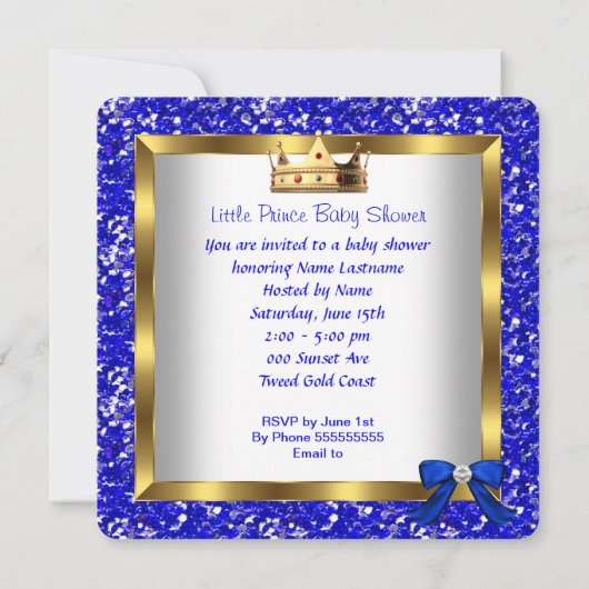 赤ちゃんシャワーかわいい男の子プリンス王室のブルーシューズ2 招待状 (裏面)