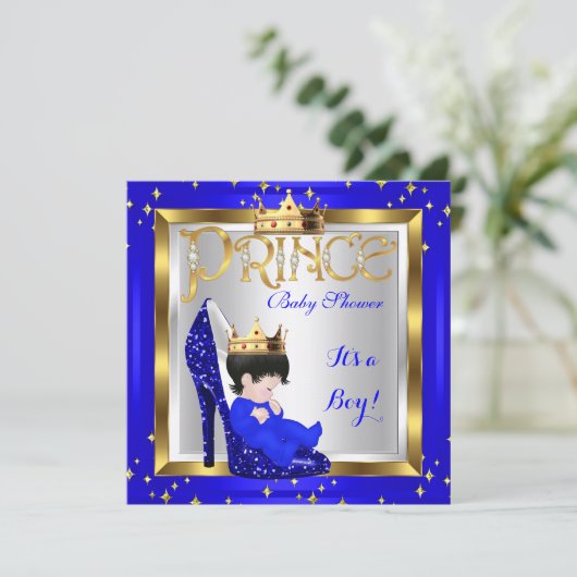 赤ちゃんシャワーかわいい男の子プリンス王室のブルーシューズD1 招待状 (スタンド正面)