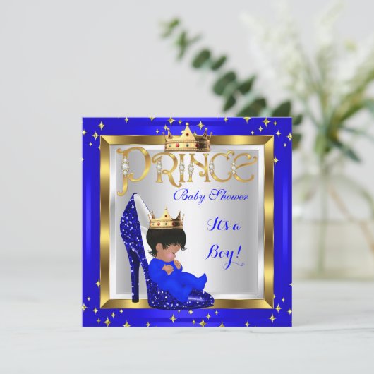 赤ちゃんシャワーかわいい男の子プリンス王室のブルーシューズD2 招待状 (スタンド正面)