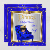 赤ちゃんシャワーかわいい男の子プリンス王室のブルーチェアA 招待状 (正面/裏面)