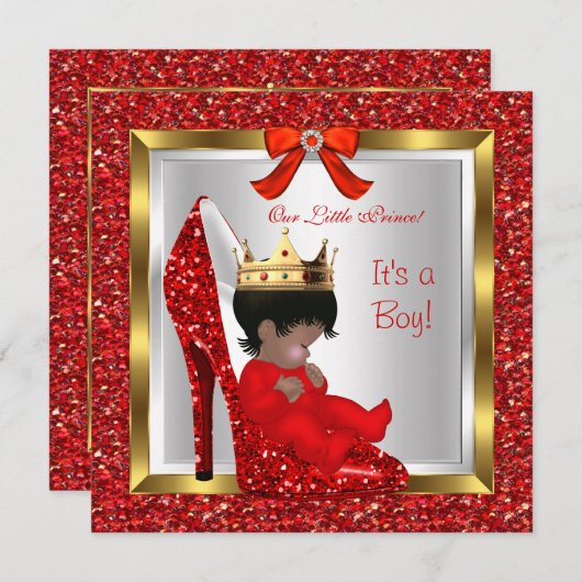 赤ちゃんシャワーかわいい男の子プリンス赤王室のい靴2 招待状 (正面/裏面)