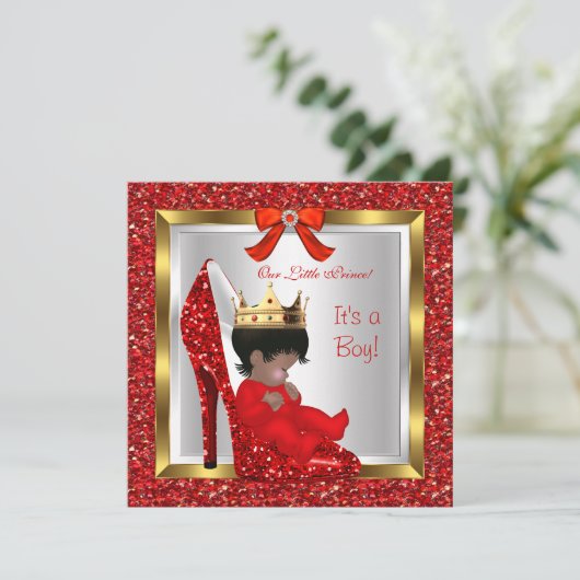 赤ちゃんシャワーかわいい男の子プリンス赤王室のい靴2 招待状 (スタンド正面)