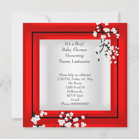 赤ちゃんシャワーかわいい男の赤ちゃんレッドブロッサムC 招待状 (裏面)