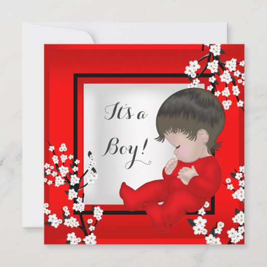 赤ちゃんシャワーかわいい男の赤ちゃんレッドブロッサムC 招待状 (正面)