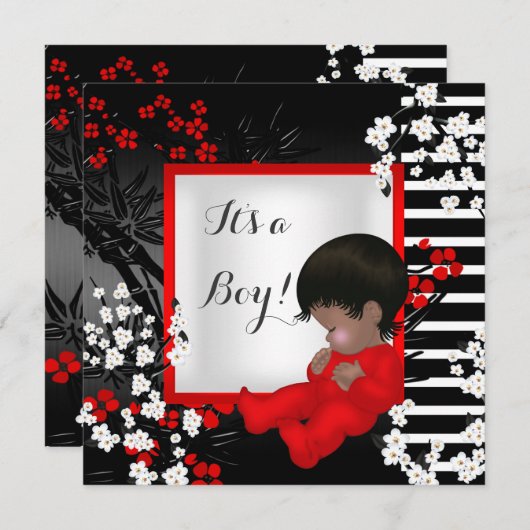 赤ちゃんシャワーかわいい男の赤ちゃん赤い花2 AM 招待状 (正面/裏面)