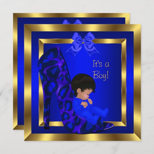 赤ちゃんシャワーかわいい男王室の子ブルーシューヒョウ 招待状 (正面/裏面)