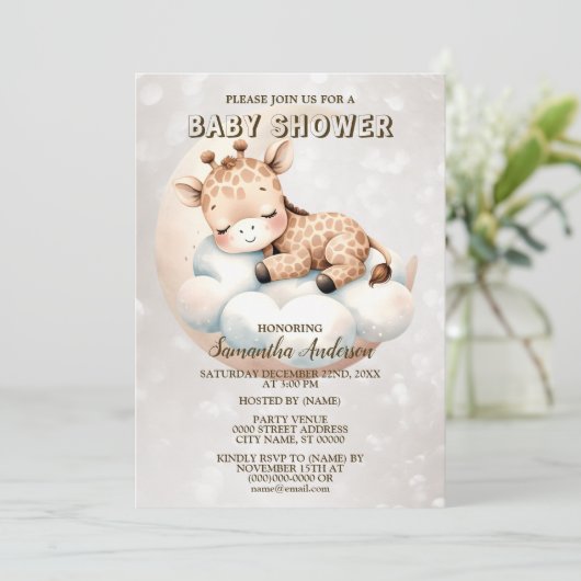 赤ちゃんシャワーかわいい眠りベビーキリン動物 招待状 (スタンド正面)