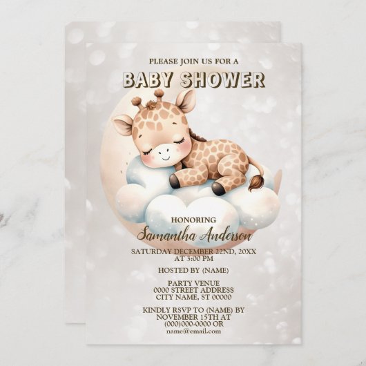 赤ちゃんシャワーかわいい眠りベビーキリン動物 招待状 (正面/裏面)