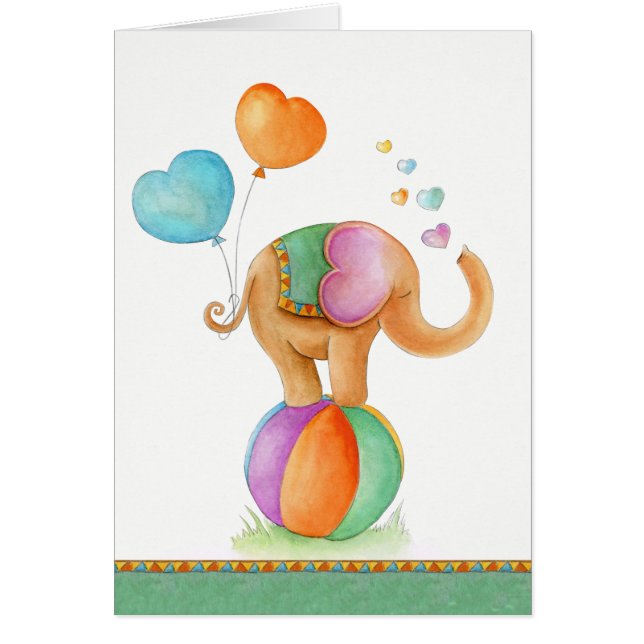 赤ちゃんシャワーかわいい象の水の色アートカード (正面)