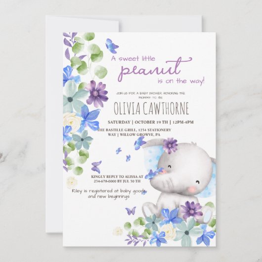 赤ちゃんシャワーかわいい象男女兼用の花 招待状 (正面)