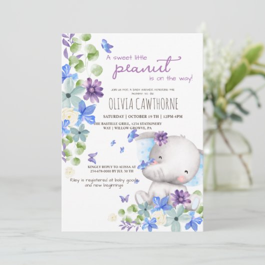赤ちゃんシャワーかわいい象男女兼用の花 招待状 (スタンド正面)