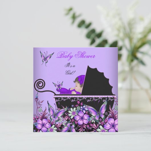 赤ちゃんシャワーかわいい赤ちゃんガールパープルバタフライ2 招待状 (スタンド正面)