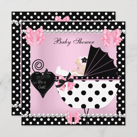 赤ちゃんシャワーかわいい赤ちゃんガールピンクの水玉模様ブロンド 招待状 (正面/裏面)