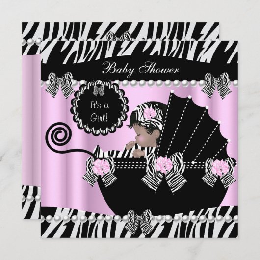 赤ちゃんシャワーかわいい赤ちゃんガールピンクゼブラグラム 招待状 (正面/裏面)
