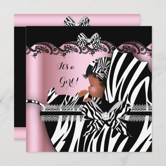 赤ちゃんシャワーかわいい赤ちゃんガールピンクゼブラグラム 招待状 (正面/裏面)