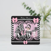 赤ちゃんシャワーかわいい赤ちゃんガールピンクゼブラレースストライプ 招待状 (スタンド正面)