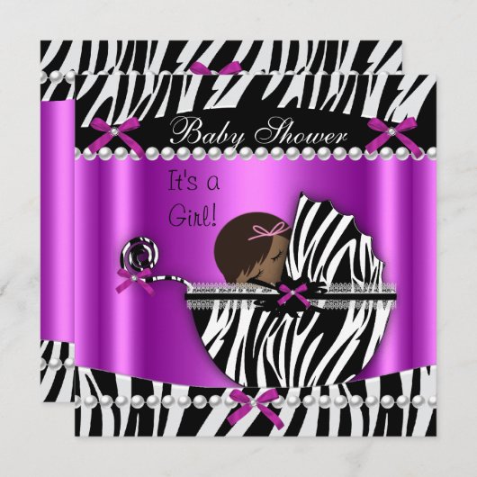 赤ちゃんシャワーかわいい赤ちゃんガールピンクゼブラ 招待状 (正面/裏面)