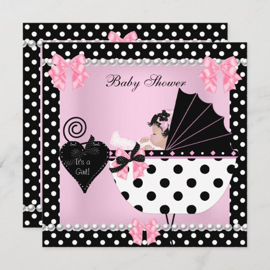 赤ちゃんシャワーかわいい赤ちゃんガールピンク水玉模様 招待状 (正面/裏面)