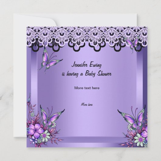 赤ちゃんシャワーかわいい赤ちゃん女の子パープルバタフライ3a 招待状 (裏面)