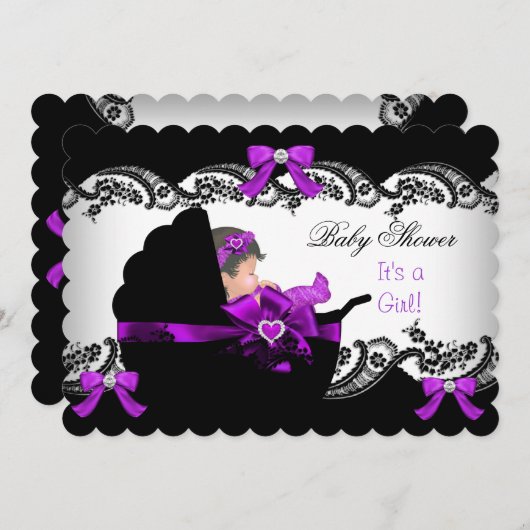赤ちゃんシャワーかわいい赤ちゃん女の子パープルピンクレースS 招待状 (正面/裏面)