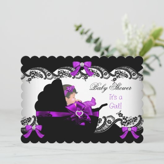 赤ちゃんシャワーかわいい赤ちゃん女の子パープルピンクレースS 招待状 (スタンド正面)
