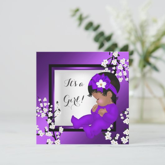 赤ちゃんシャワーかわいい赤ちゃん女の子パープルブロッサムブラックAM 招待状 (スタンド正面)