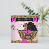 赤ちゃんシャワーかわいい赤ちゃん女の子ヒョウ熱ピンク 招待状 (スタンド正面)