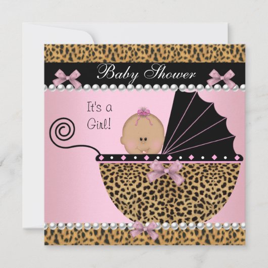 赤ちゃんシャワーかわいい赤ちゃん女の子ピンキヒョウ 招待状 (正面)