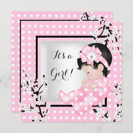 赤ちゃんシャワーかわいい赤ちゃん女の子ピンクの花スポットC 招待状 (正面/裏面)