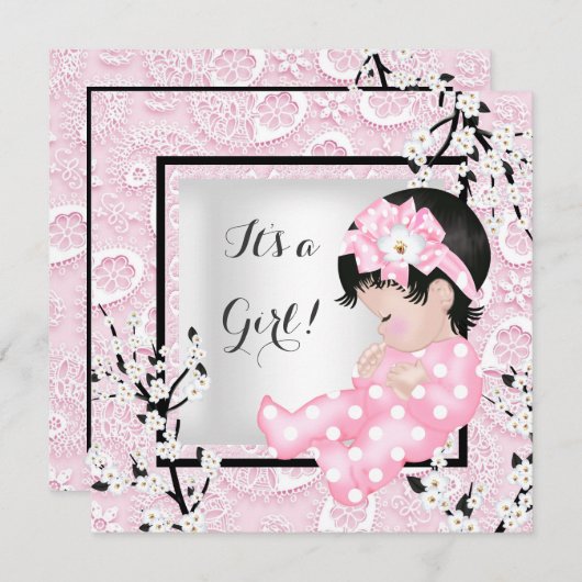 赤ちゃんシャワーかわいい赤ちゃん女の子ピンクの花レースC 招待状 (正面/裏面)